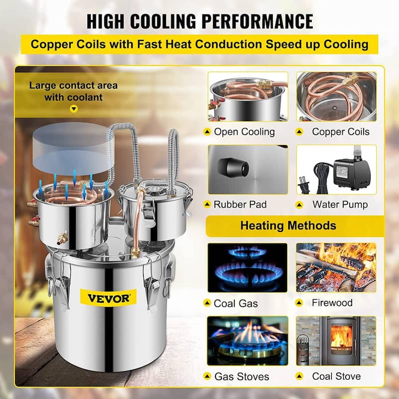 Alcohol Still 5 Gal 19L Water Alcohol Distiller Copper Tube With Circulating Pump Home Brewing Kit Build-in Thermometer , 3 Pots