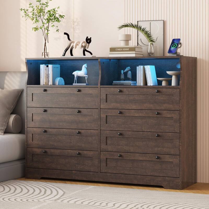 8 Drawers Wooden Dressers for Bedroom Living Room, Hallway, Wood Dressers with Led Lights and Charging Station - Grey