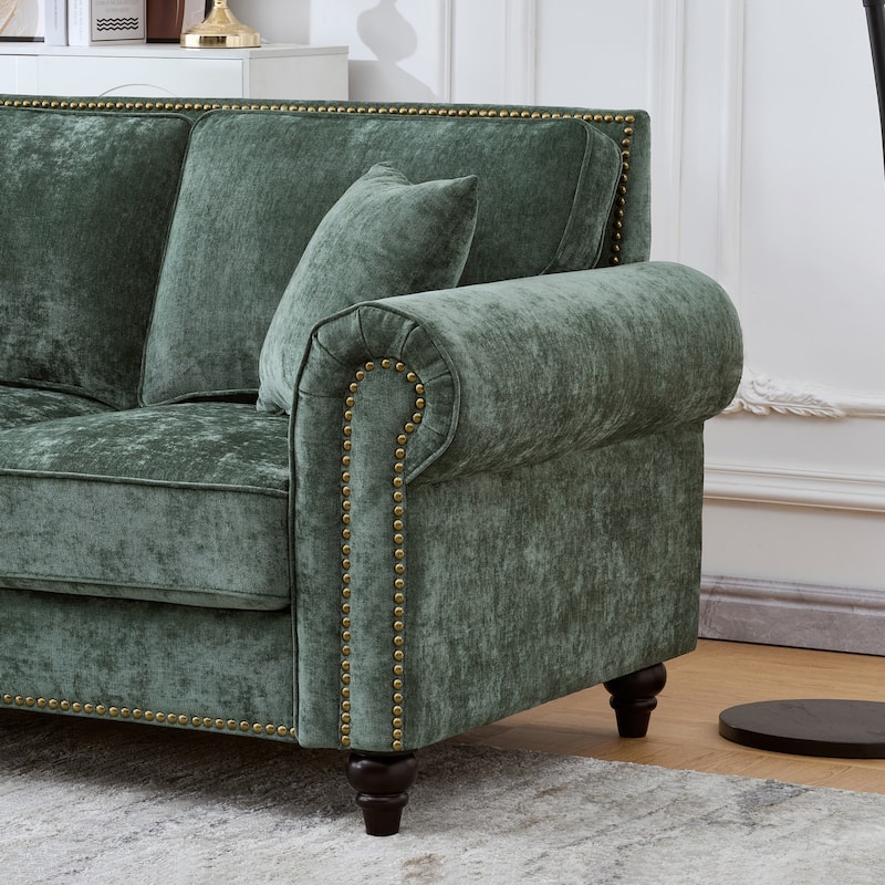 Modern Rolled Arm Chenille Sofa, 2-Seater Green Couch with Nailhead Trim, for Living and Room Apartment