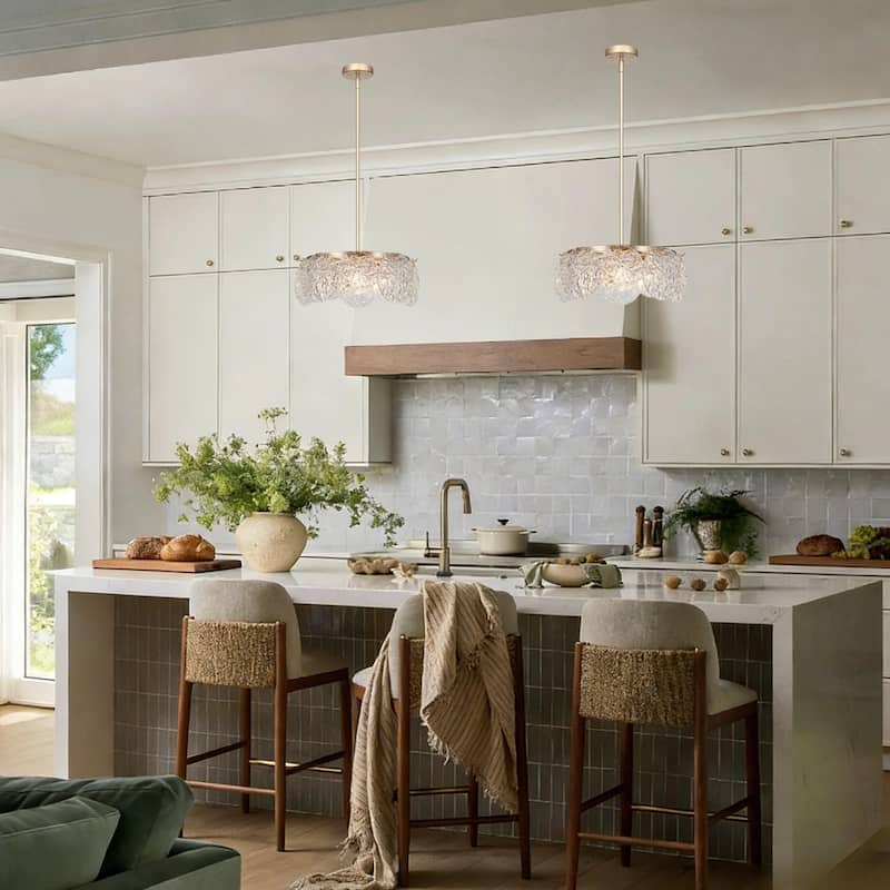 Modern Glam 5-Light Gold Drum Chandelier Glass Pendant Lights for Dining Room