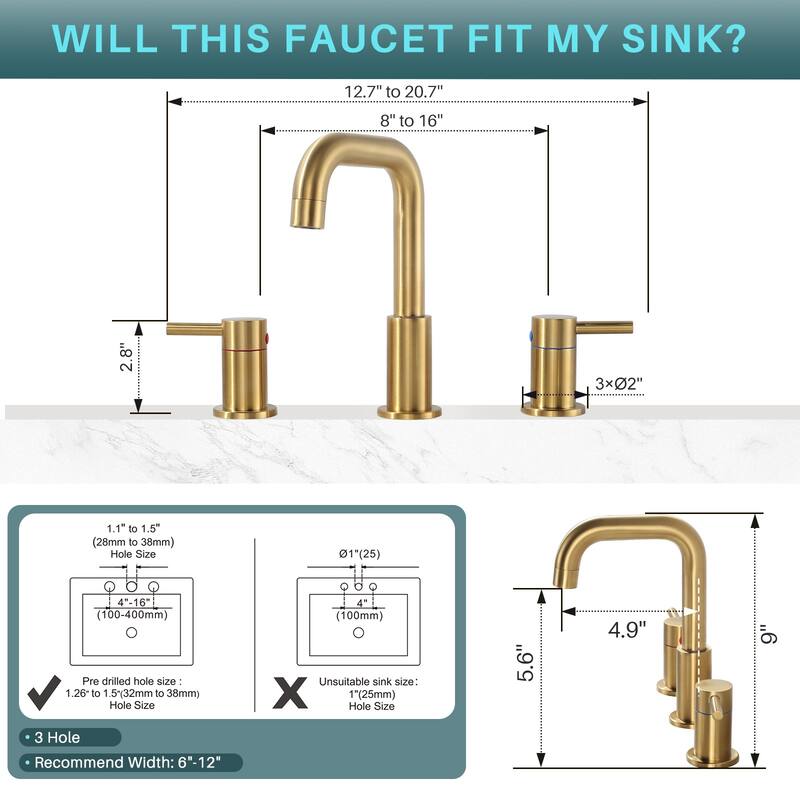 WOWOW 8 in. Widespread Double Handle Bathroom Faucet with Pop-Up Drain