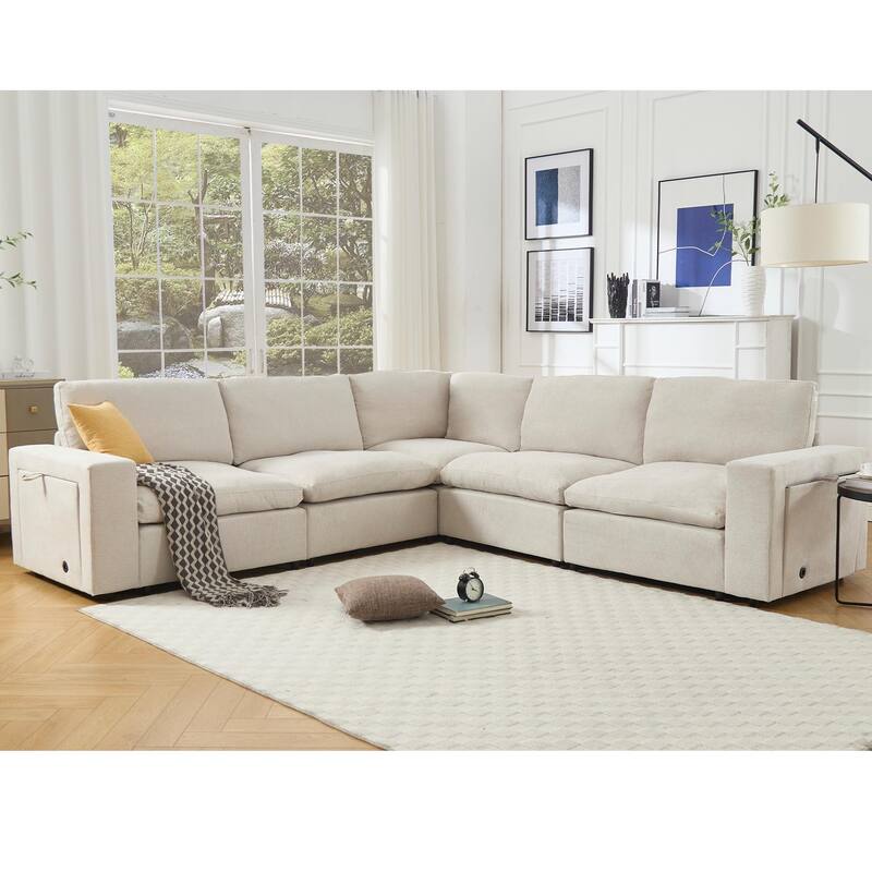 5-seat Modular Sectional Couch with Wireless Charging, Cup Holders & Book Storage, Beige Soft Linen Fabric