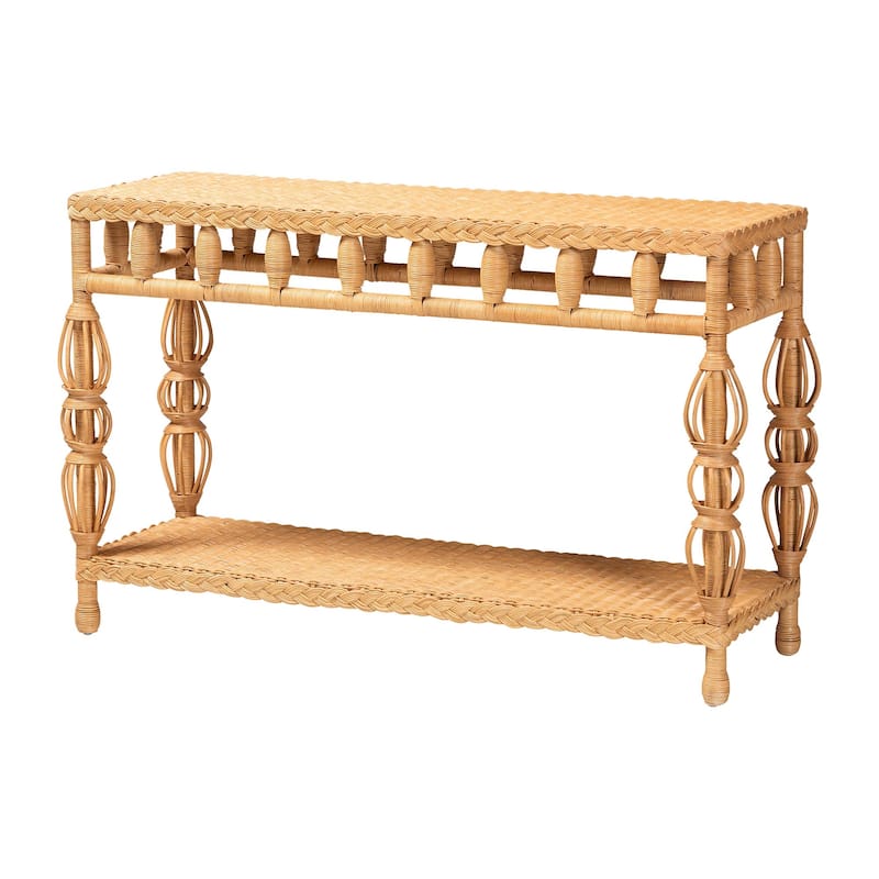 Dolby Natural Rattan Console Table - Handwoven Wicker Accent Table with Openwork Design and Lower Shelf, Coastal Boho Style - Light Honey