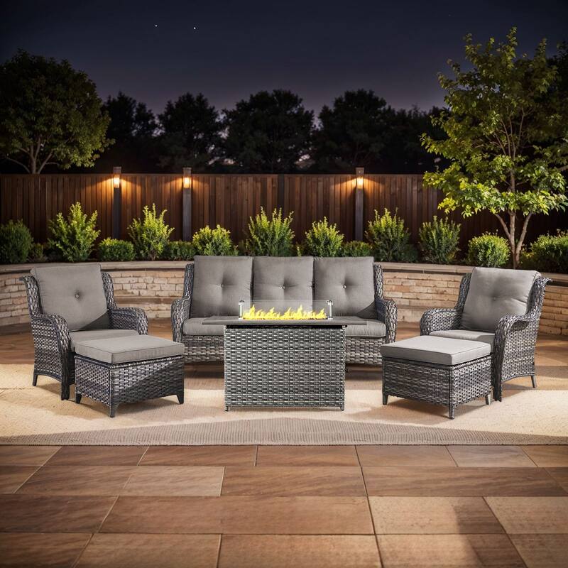 Fire Pit Table with Patio Sofa Chairs and Ottomans - Grey - Grey