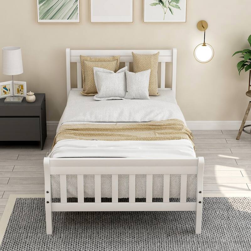 Twin Size Platform Bed Solid Wood Sleigh Bed Frame with Hollow Designed Headboard, Footboard and Wood Slat Support - White - Twin