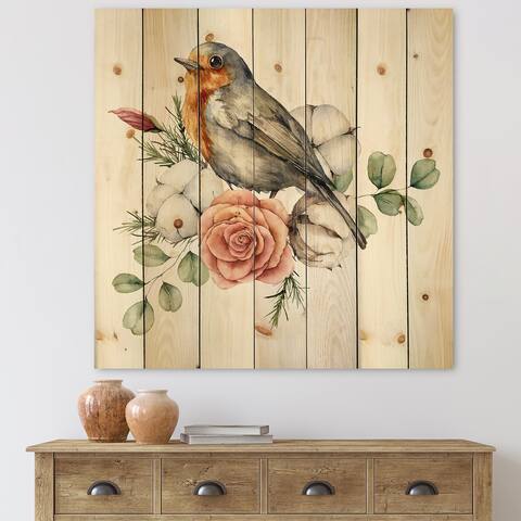 Designart 'Robin Redbreast With Cotton Rose and Leaves' Traditional Print on Natural Pine Wood