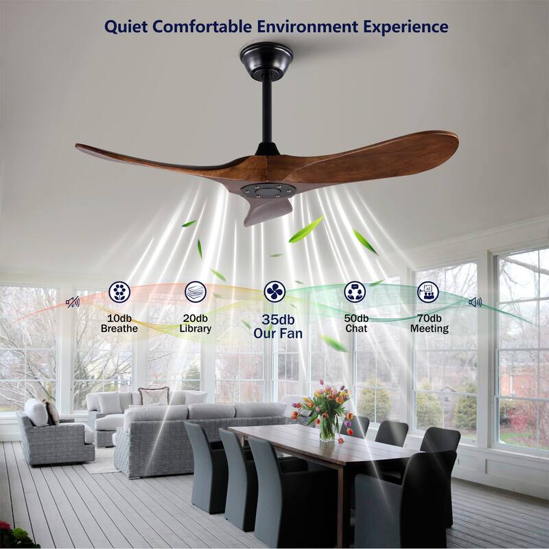 42" Solid Wood Ceiling Fan, Outdoor, 3 Blade, No Light, for Patio Living Room Bedroom Porch, Remote Control, Water Resistant