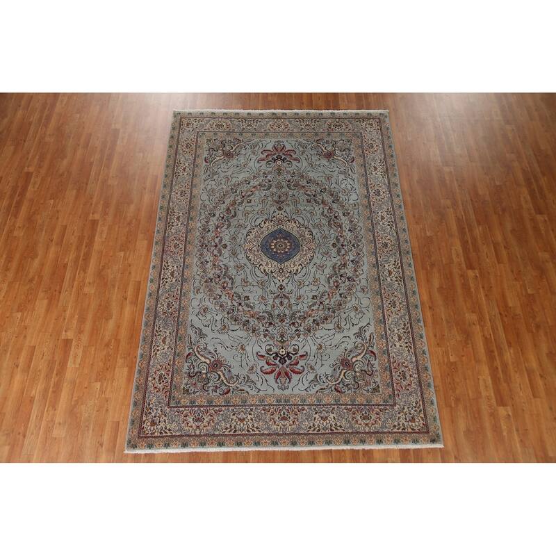 Hand Knotted Oriental 100% Wool Carpet Traditional Floral Greys & Charcoal Kashan Area Rug - 9' 6'' X 6' 6''