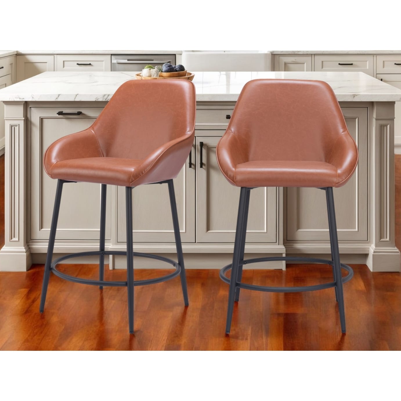 Set of Two 25" Brown And Black Faux Leather And Steel Counter Height Bar Chairs