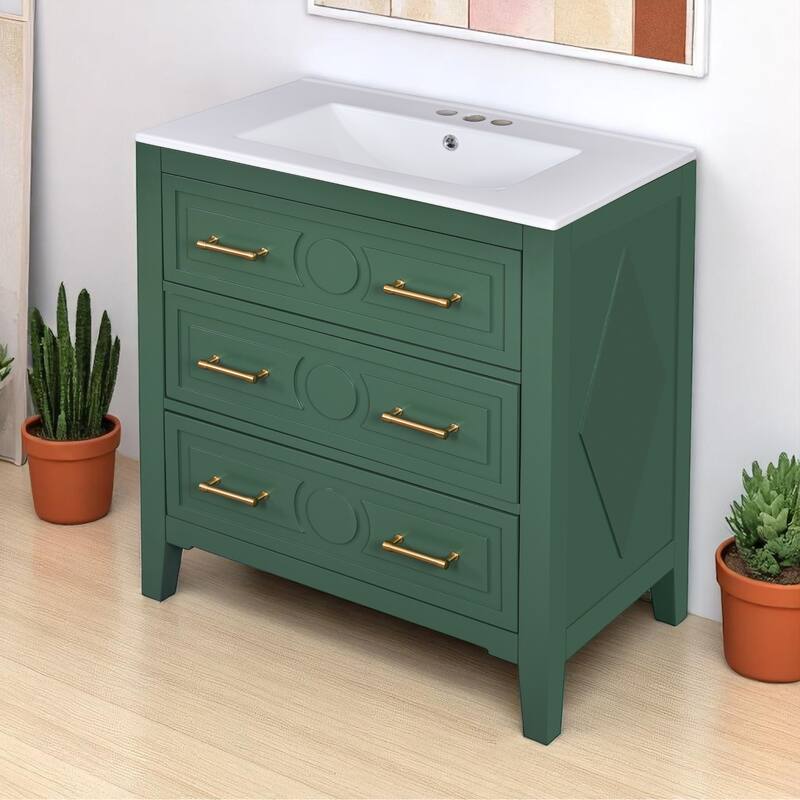 30" Bathroom Vanity with Ceramic Sink, 3 Drawers, Solid Wood Frame,Retro Cabinet, Pre-Drilled for 4" Faucet, Storage Organizer