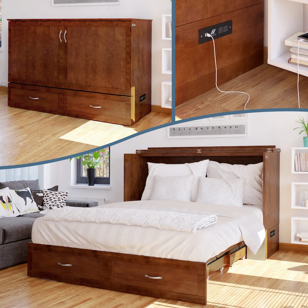 Hamilton Queen Murphy Bed Chest with 6" Mattress, Storage Drawer & Built-In Charger in Walnut