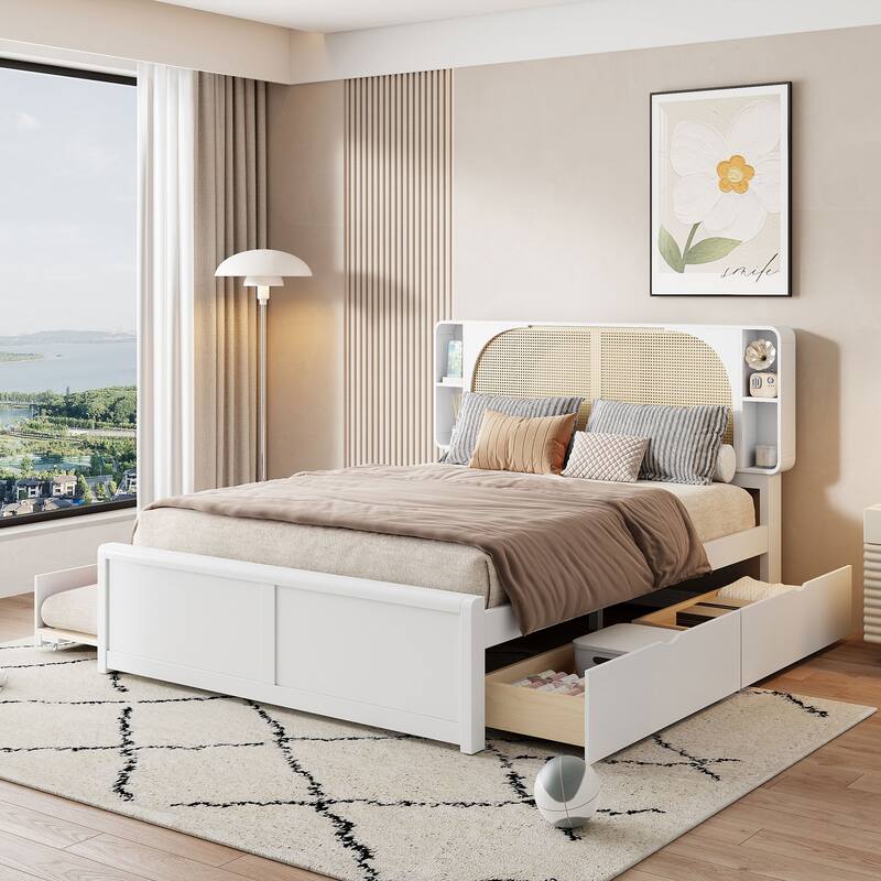Queen Platform Bed with Rattan Headboard, 2 Storage Drawers and Pull-Out Trundle, with Built-In Compartments