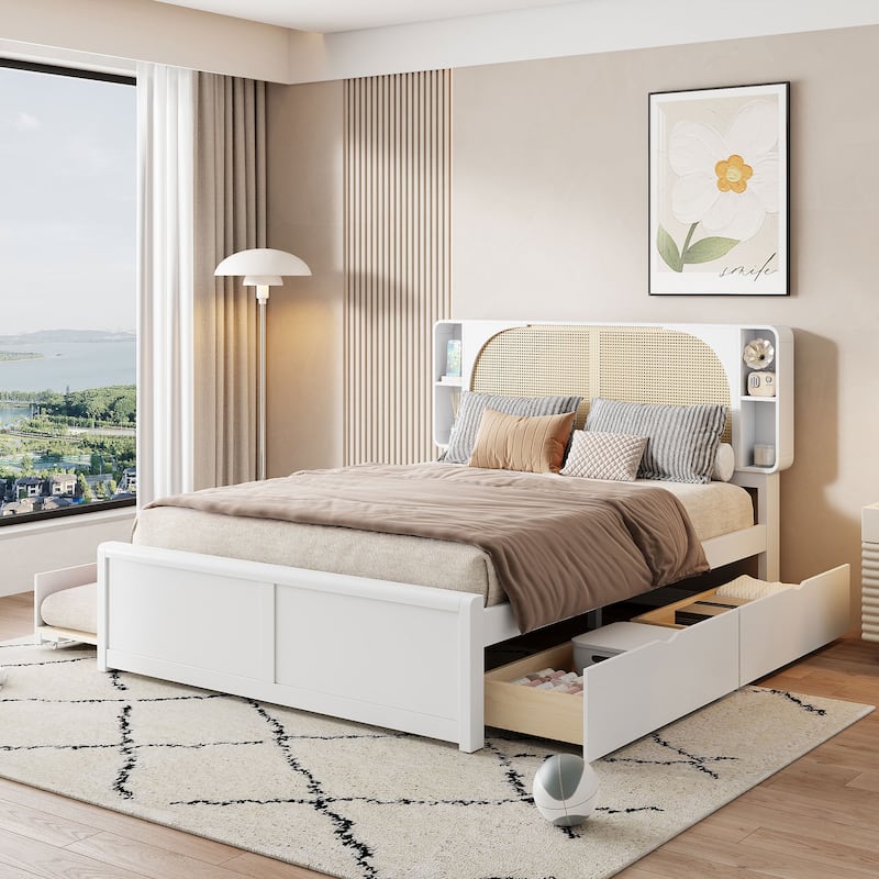 Rattan Queen Platform Bed Frame Boho Cane Storage Bed with 2 Storage Drawers, Trundle and Rattan Headboard