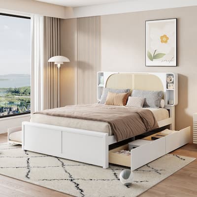 Rattan Queen Platform Bed Frame Boho Cane Storage Bed with 2 Storage Drawers, Trundle and Rattan Headboard