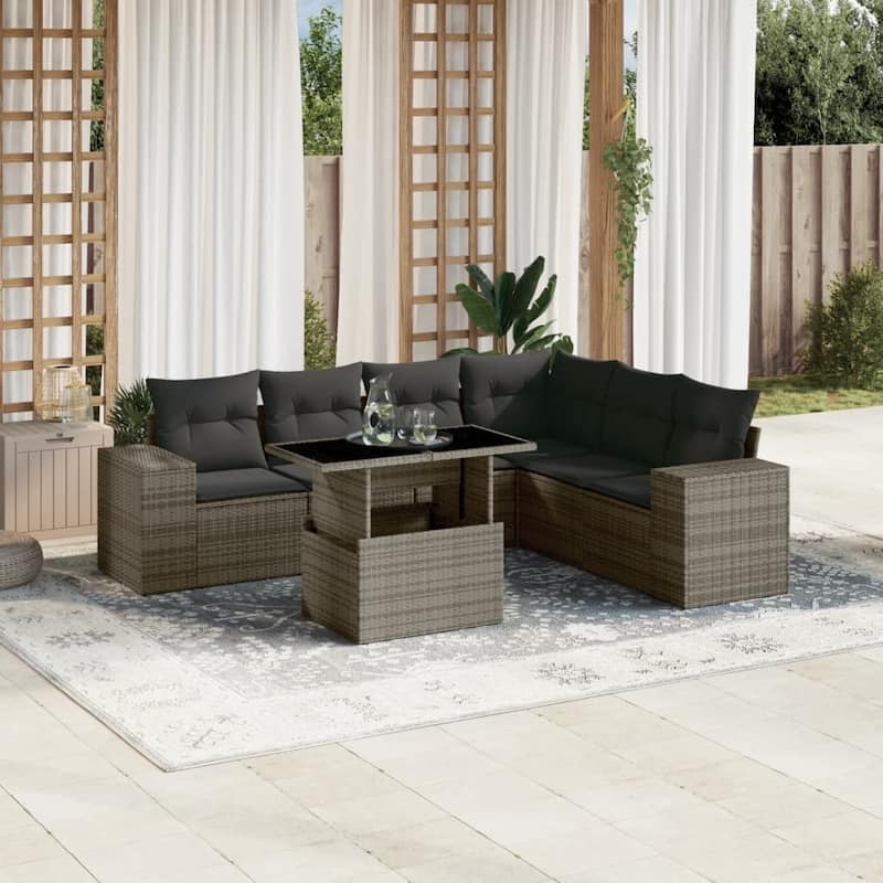 vidaXL Patio Sofa Set with Cushions Outdoor Furniture 7 Piece Poly Rattan - Grey-without storage - 21.7 x 39.4 x 27.2