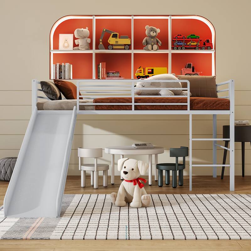 Gymax Twin Metal Loft Bed with Slide Guardrails Built-in Ladder Low