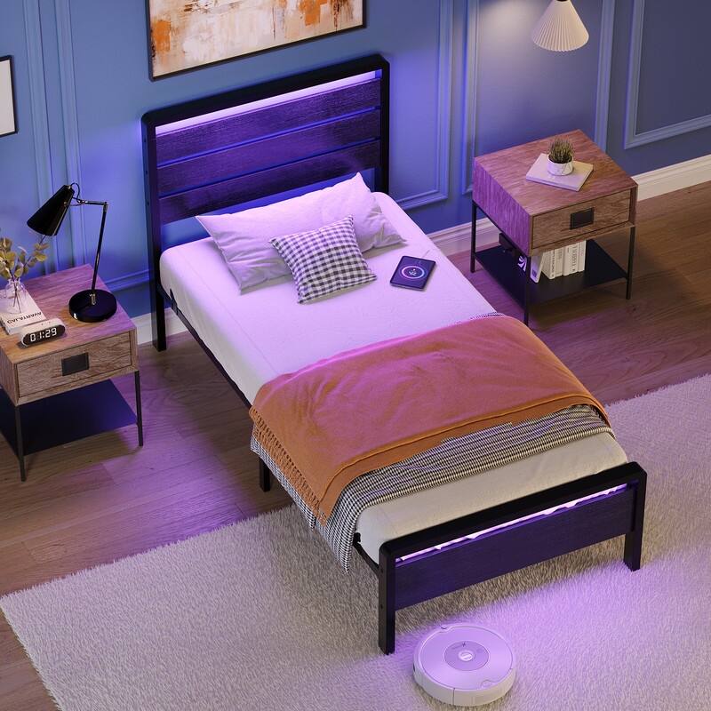 Bed Frame with LED Light and Charging Station, Metal Platform Bed with Wood Headboard