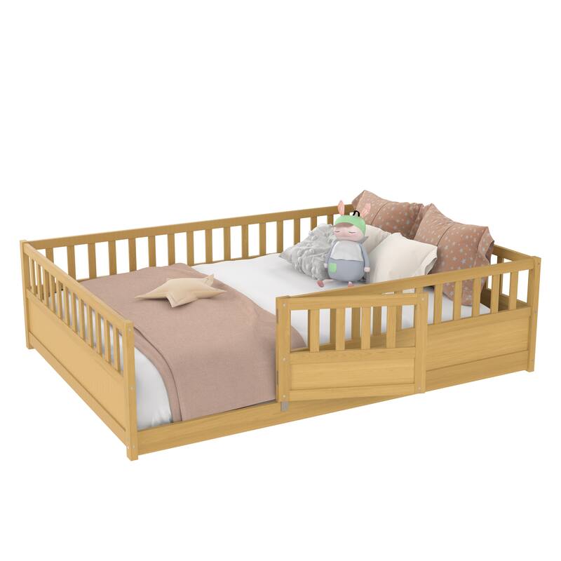 Wooden Full Floor Bed without Slat, Montessori Kids Floor Bed Frame with Super High Fence and Door, Solid Pine French Bed Frame