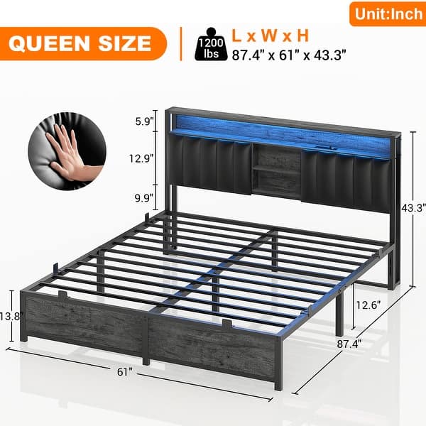 dimension image slide 2 of 10, Upholstered Bed Frame with Storage Shelving, Platform Beds with Charge Station and LED Lights