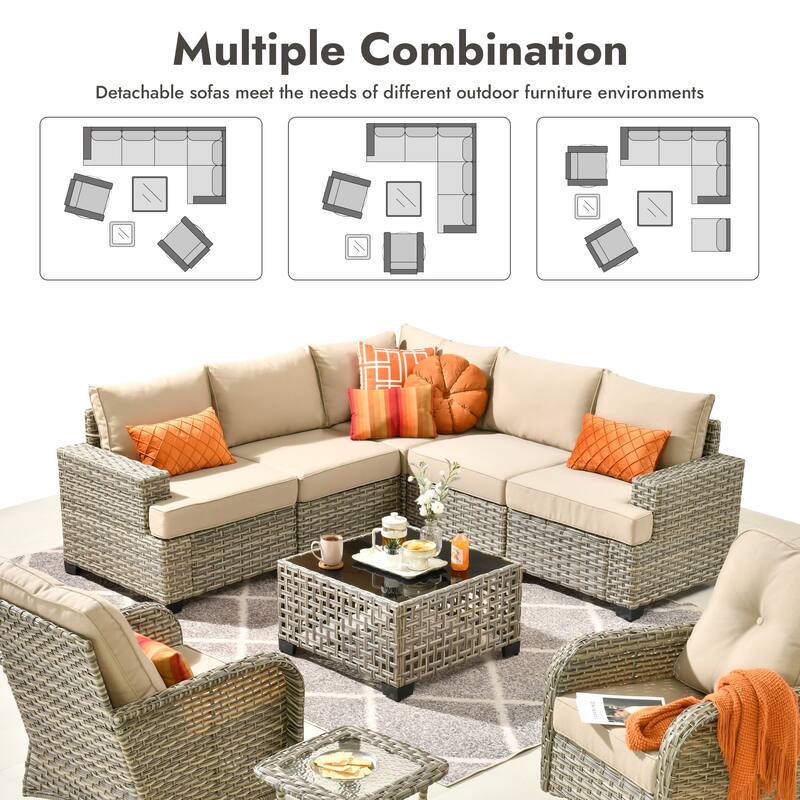 OVIOS 9 Pieces T shaped Seat Curved Swivel Chair Set With Fire Pit