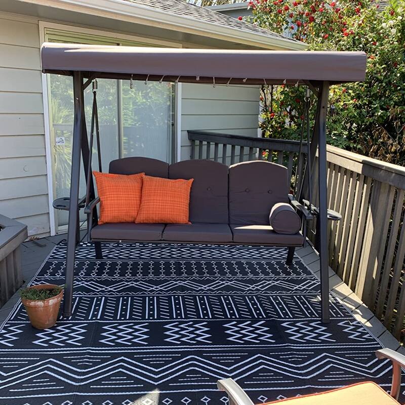 PURPLE LEAF 3-seat Outdoor Porch Swing All-Weather Steel Frame for Backyard Front Porch Lawn, Cushions and Pillow Included