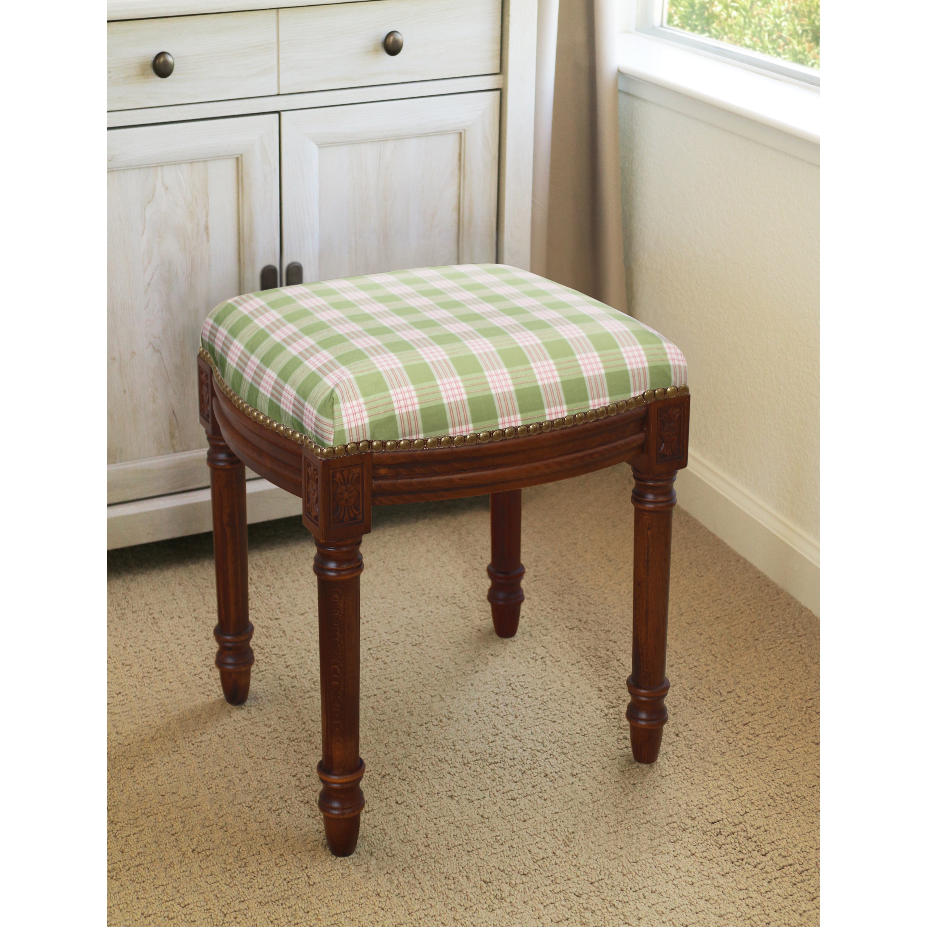 Green and Pink Plaid Vanity Stool