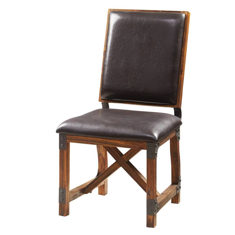Roomfitters Industrial Dining Chair, Faux Leather Upholstered High-Back with Cross-Beamed Solid Wood Frame, Chocolate