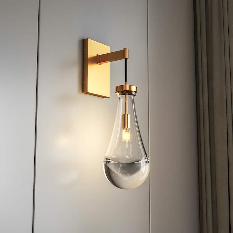 Brass Wall Sconce, Modern Raindrop Glass Shade, Dimmable LED E12 Bulb, Fits Bathroom, Vanity, Living Room, 1 Pack - Gold