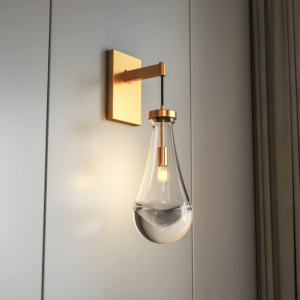 Brass Wall Sconce, Modern Raindrop Glass Shade, Dimmable LED E12 Bulb, Fits Bathroom, Vanity, Living Room, 1 Pack