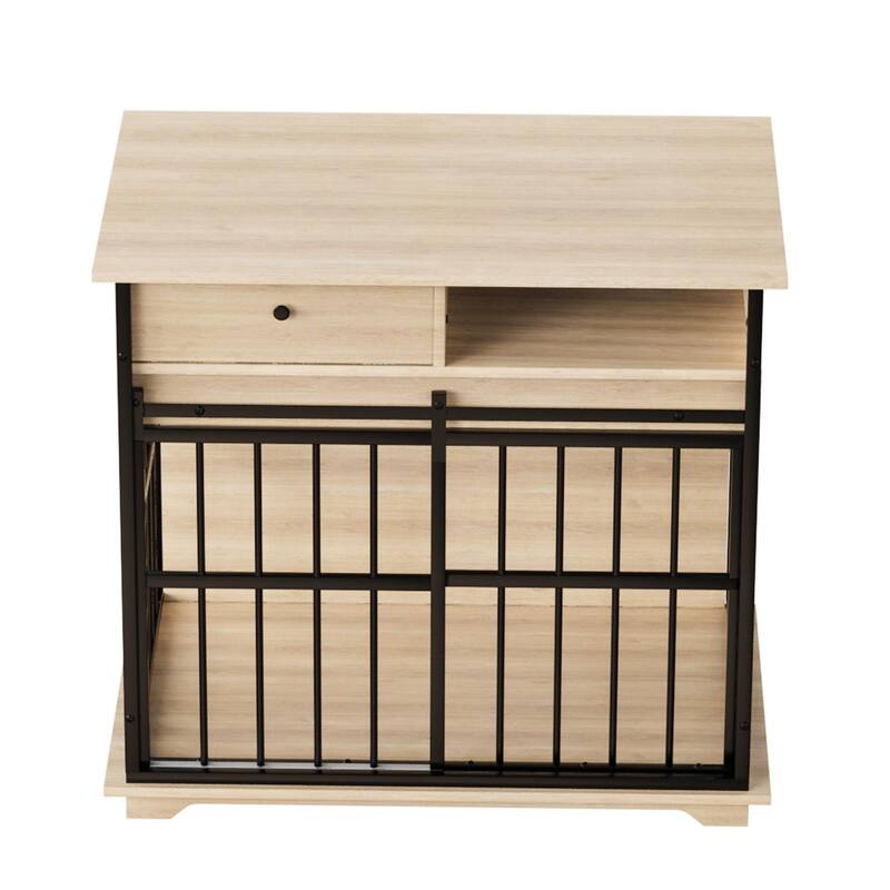 Dog Crate Furniture with Drawer & Sliding Door, Decorative Pet Kennel End Table for Medium Dogs, Wooden Dog Crate with Tray