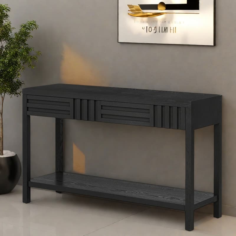 51.3" MDF Classic Stripe Console Table - Ash Veneer & Fir Wood Legs with 2 Drawers