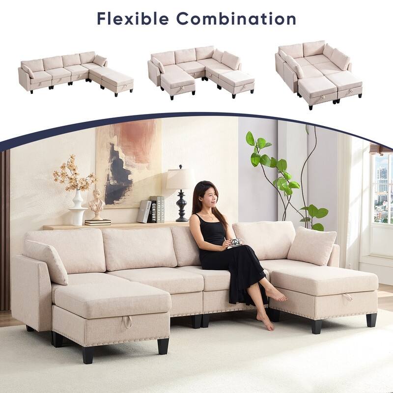 Mixoy Rivet Design Flexible Combination Reversible 4-Seater Modular Sofa with Storage Ottomans,Linen Convertible Sleeper Sofa
