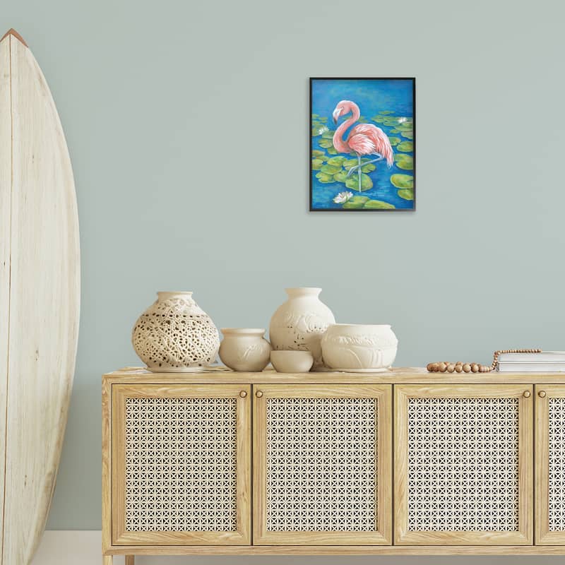 Stupell Balancing Flamingo & Lily Pads Framed Giclee Art Design By Diane Kater