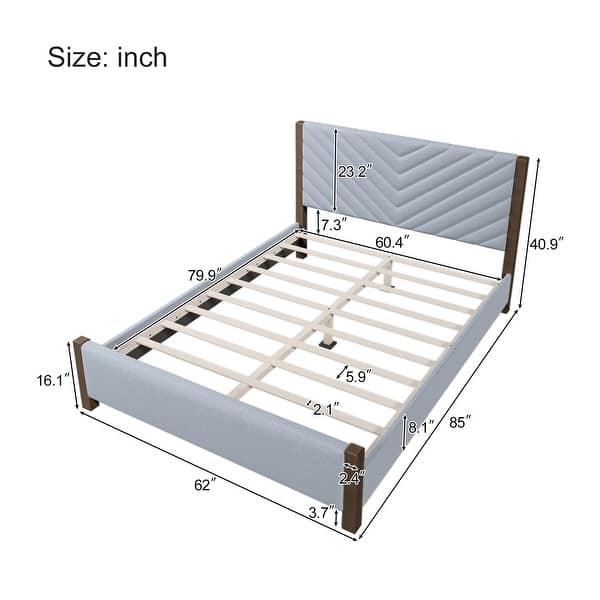 Modern Mid-Century Queen Size Upholstered Platform Bed Frame with Tufted Headboard and Solid Wood Legs, Grey