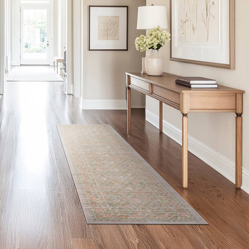 Crosswood Camilla Traditional Floral Indoor Polyester Area Rug - 2'3'' x 7'7'' - Sage/Gold
