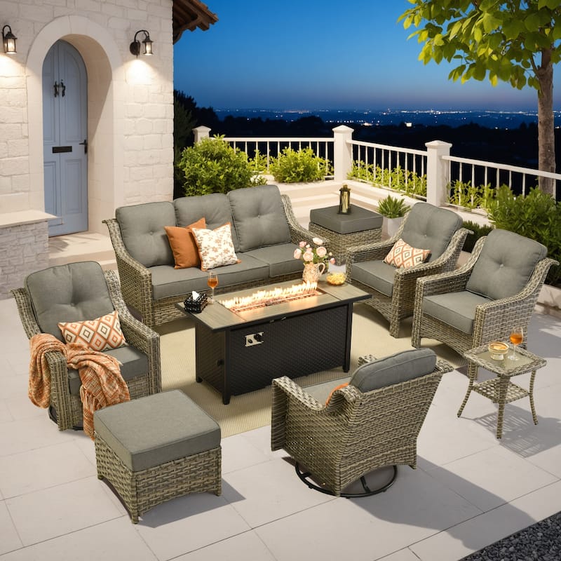 OVIOS 9 Pieces Outdoor Swivel Chairs Set with 54" Fire Table​