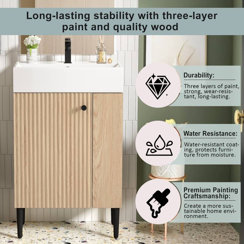Wood Bathroom Vanity with Sink, Freestanding Single Basin Cabinet, Bathroom Cabinet with Textured Front & Side Storage Shelf