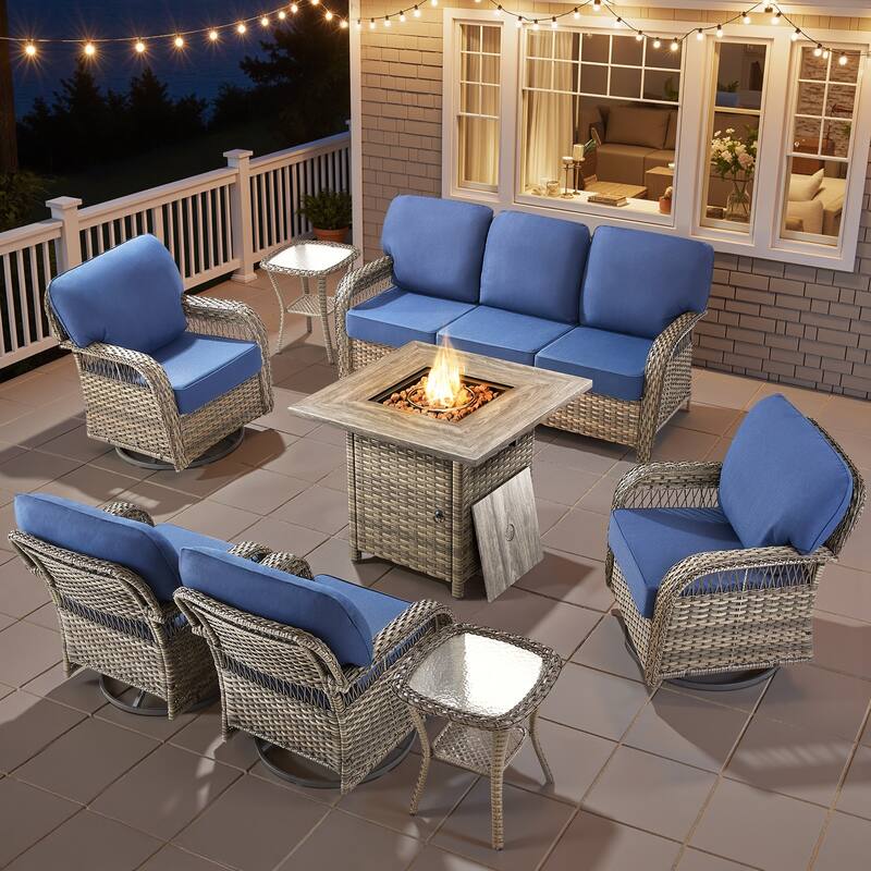 Pocassy Outdoor Sofa Ottoman Swivel Chair Table with Fire Table Funiture Set. - Gray Wicker Blue Cushion - 8-Piece Sofa Swivel Chair Table w/ Fie Pit Table