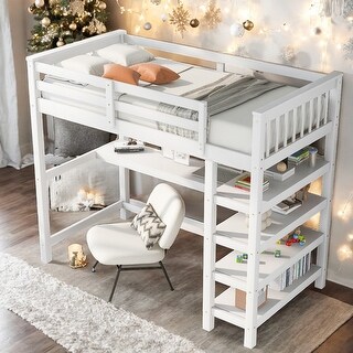 Twin Size Loft Bed with Storage Shelves and Under-bed Desk, White