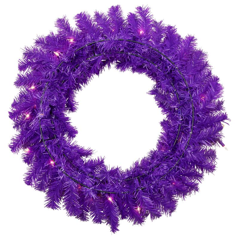 Pre-Lit Artificial Pine Christmas Wreath - 24" - Purple - Clear Lights