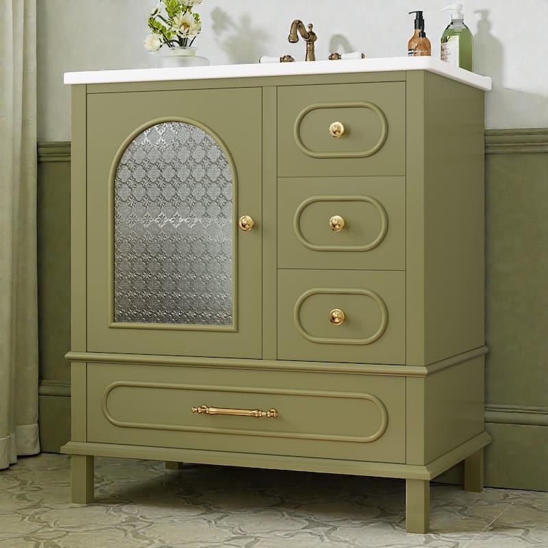 30" Bathroom Vanity with Sink, Freestanding Wood Cabinet with 3 Drawers and Semi-Transparent Door, Single Vanity