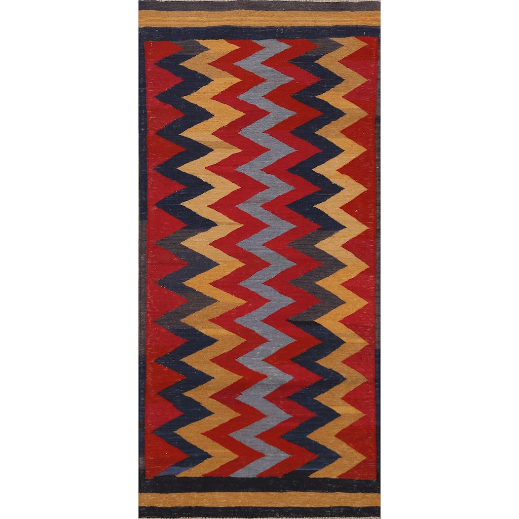Geometric Chevron Kilim Oriental Area Rug Hand-woven Wool Carpet - 3'1" x 6'3"