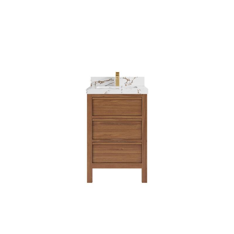 Willow Collections 24 x 22 Elizabeth Teak Single Bowl Sink Bathroom Vanity with Quartz or Marble Countertop