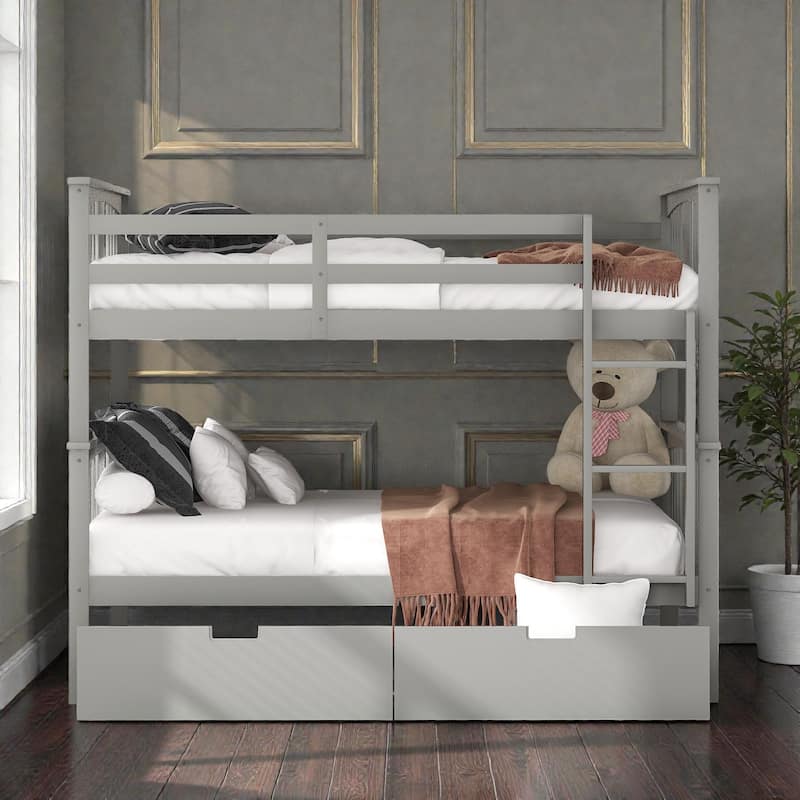 Full over Full Bunk Bed with Drawers and Ladder, Solid Wood Bunk Frame with Storage for Bedrooms and Guest Rooms