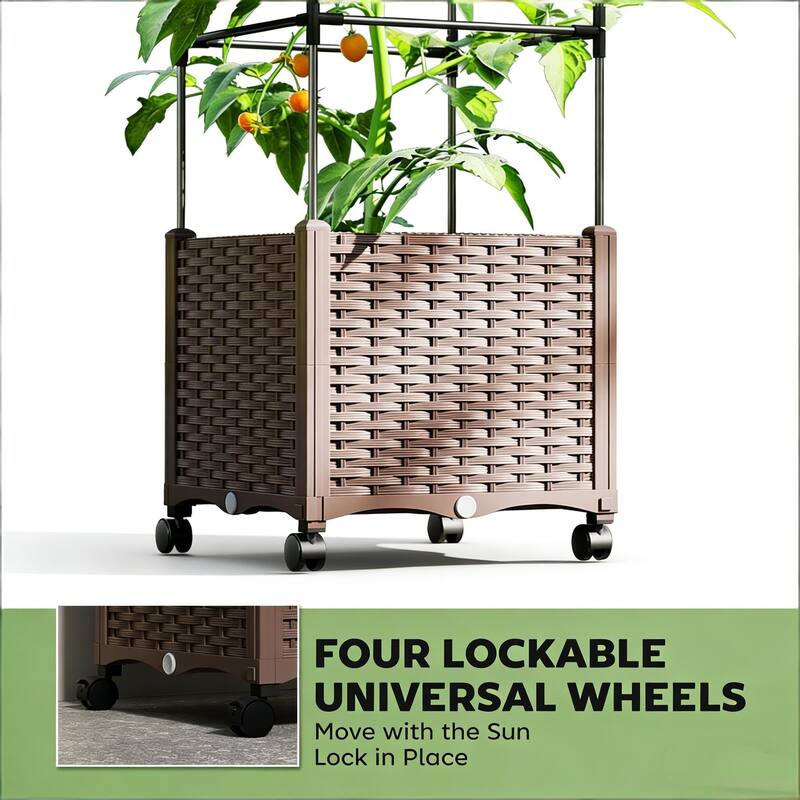 Rolling Garden Bed with Trellis, Locking Wheels Self-Watering System