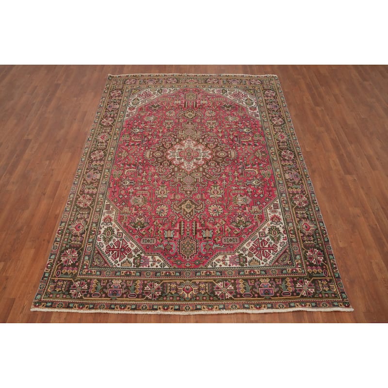 Hand Knotted Oriental 100% Wool Carpet Traditional Floral Pink Tabriz Area Rug - 9' 2'' X 6' 4''