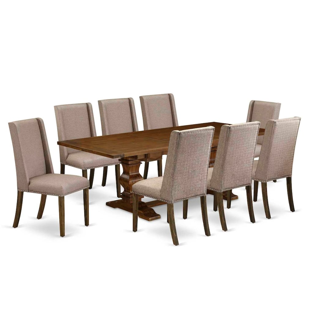 Vintage Dining Set - 9 Piece Table & Chair Set - Antique Walnut & Distressed Jacobean Finish - Linen Fabric Dining Room Chairs