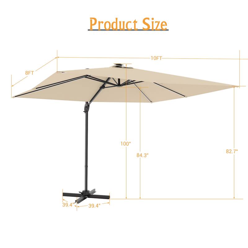 LIVOOSUN 10x8ft LED Rectangle Cantilever Umbrella Patio Offset Umbrella For Outdoor Space, Solution-Dyed Fabric, 360° Rotation