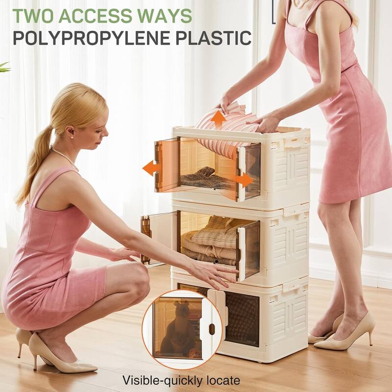 Stackable Plastic Storage Bins with Lids, Foldable with Doors and Wheels, Closet Organizer Boxes for Living Room, Bedroom