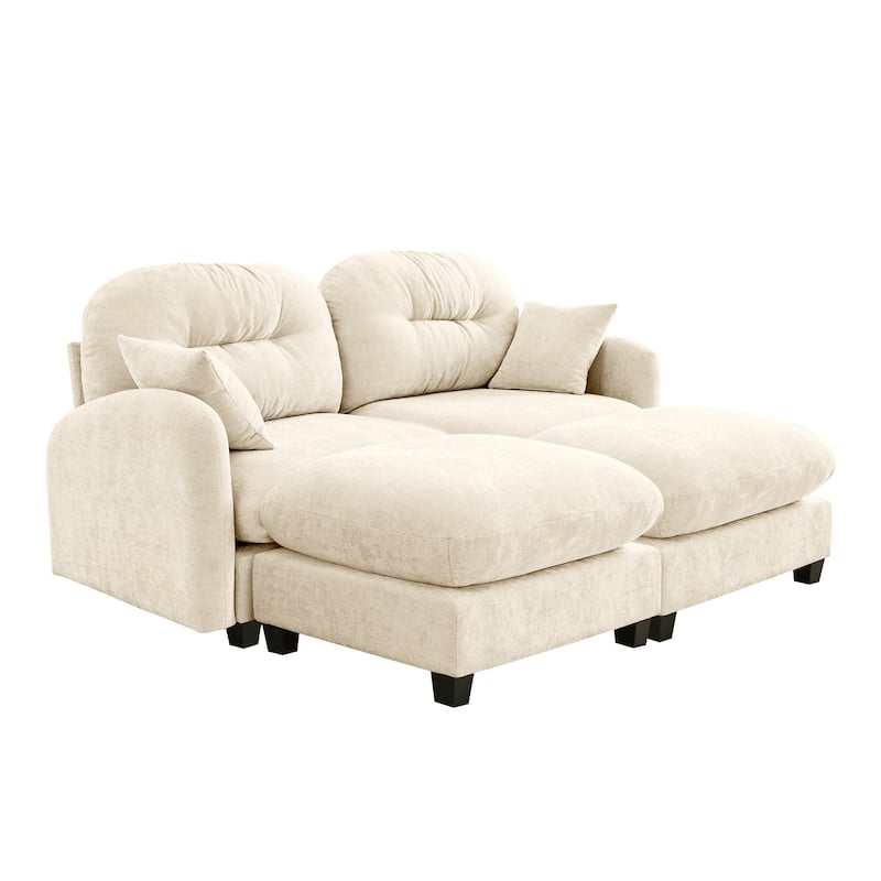 2 Seat Chenille Sofa Round Arms Sectional Sofa, Modern 74" Tufted Back Couch with Ottoman for Lving Room, Small Space